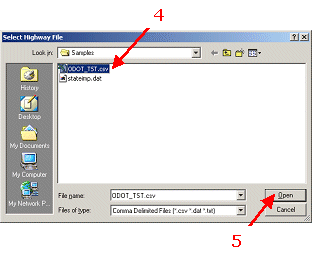 HERS-ST Screen Shot: Select Highway File Window. Step 4 select file name.  Step 5 select open.