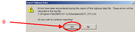 HERS-ST Screen Shot: Import Highway Data warning message - errors encountered. Step 8 select yes
