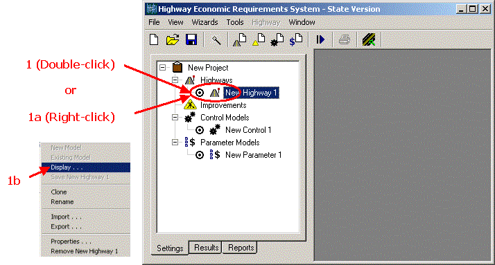 HERS-ST Screen Shot: Application Window - Showing the Project Tree and the steps for displaying the Highway Data Window. Step 1 double click on New Highway 1 or Right click and select display