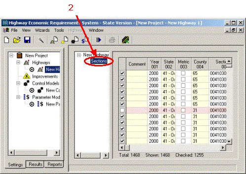 HERS-ST Screen Shot: Application Window - showing the Highway Data Window in the application's workspace area. Step 2 select sections.