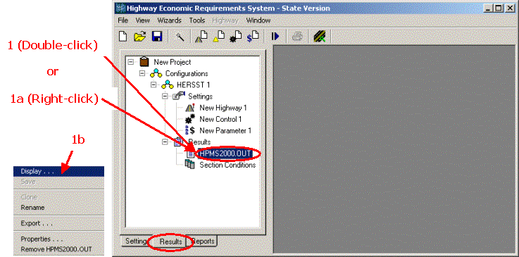 HERS-ST Screen Shot: Application Window - showing the Project Tree and the steps for displaying the Tabular Output. Double click on HPMS2000 OUT or right click and select display.