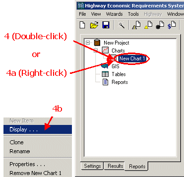 HERS-ST Screen Shot: Portion of Application Window - showing the Project Tree and the steps for displaying a new chart. Step 4 double click on New Chart 1 or right click and select display