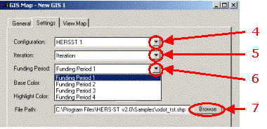 HERS-ST Screen Shot: GIS Map Window. Step 4 select configuration.  Step 5 Select Iteration.  Step 6 select funding period.  Step 7 Select file path