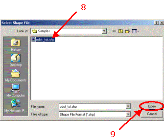 HERS-ST Screen Shot: Select Shape File Window. Step 8 Select file name.  Step 9 select open.