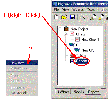 HERS-ST Screen Shot: Portion of Application Window - showing the Project Tree and the steps for creating a new report.  Step 1 right click on reports.  Step 2 select new item.