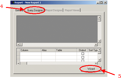 HERS-ST Screen Shot: Report Window. Step 4 select Query Designer tab. Step 5 select wizard button