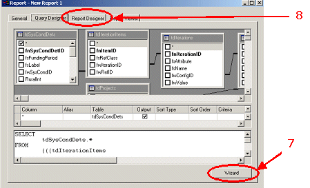 HERS-ST Screen Shot: Report Window after running a built-in query. Step 8 select report designer tab.  Step 7 select wizard button.