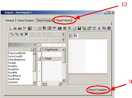 HERS-ST Screen Shot: Report Window - showing the Report Designer view. Step 9 select report templates button. Step 12 select report viewer tab