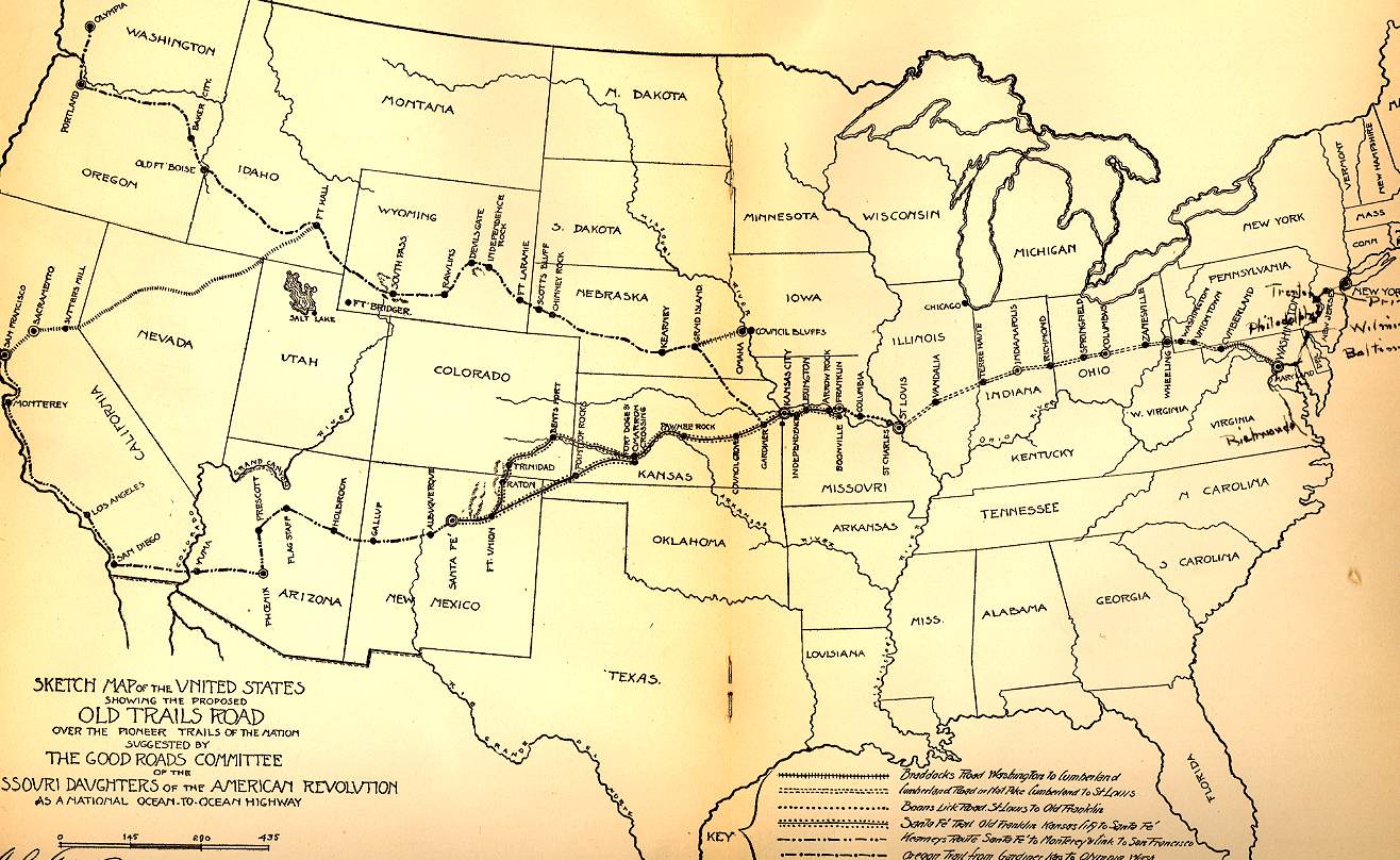 US map showing proposed location of National Old Trails Road.