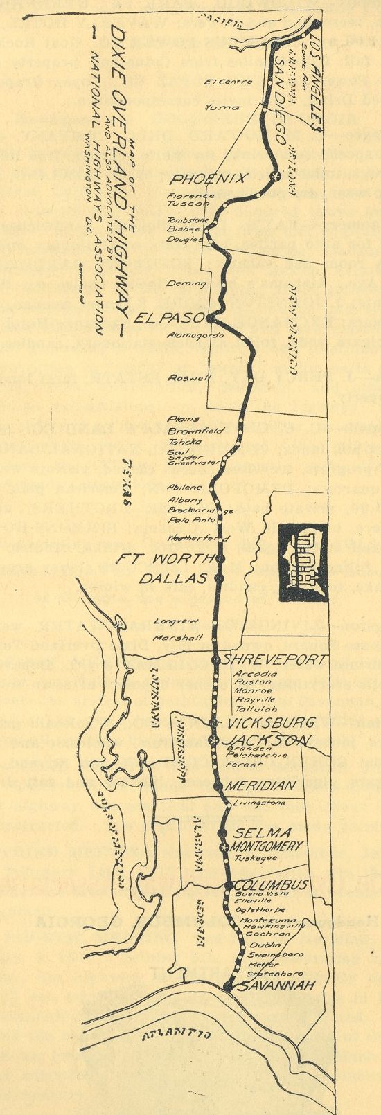Map showing county seats on the Dixie Overland Highway. From the Dixie Overland Highway Association