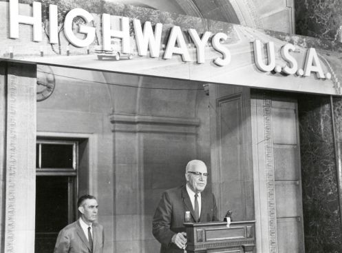 Promotion of the Interstate System was a hallmark of Rex Whitton's tenure.  Here he is seen with Commerce Secretary Luther H. Hodges opening "Highways U.S.A.," an exhibit in the Department of Commerce Building marking 5 years of Interstate construction (1956-1961).