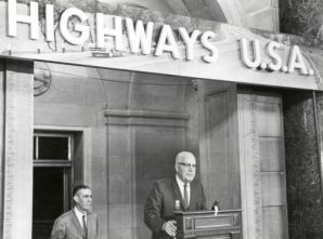 Promotion of the Interstate System was a hallmark of Rex Whitton's tenure.  Here he is seen with Commerce Secretary Luther H. Hodges opening "Highways U.S.A.," an exhibit in the Department of Commerce Building marking 5 years of Interstate construction (1956-1961).