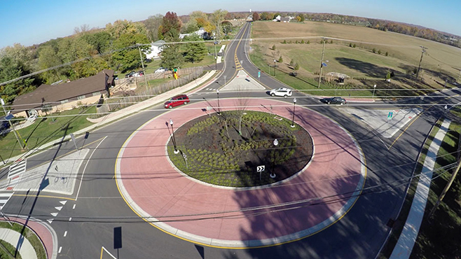 Photo of roundabout demonstrating the use of predictive analysis tools in helping New Jersey officials decide to build a roundabout.