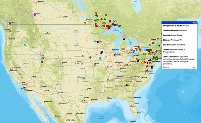 Map displays North American deployments of UHPC in highway bridge construction.