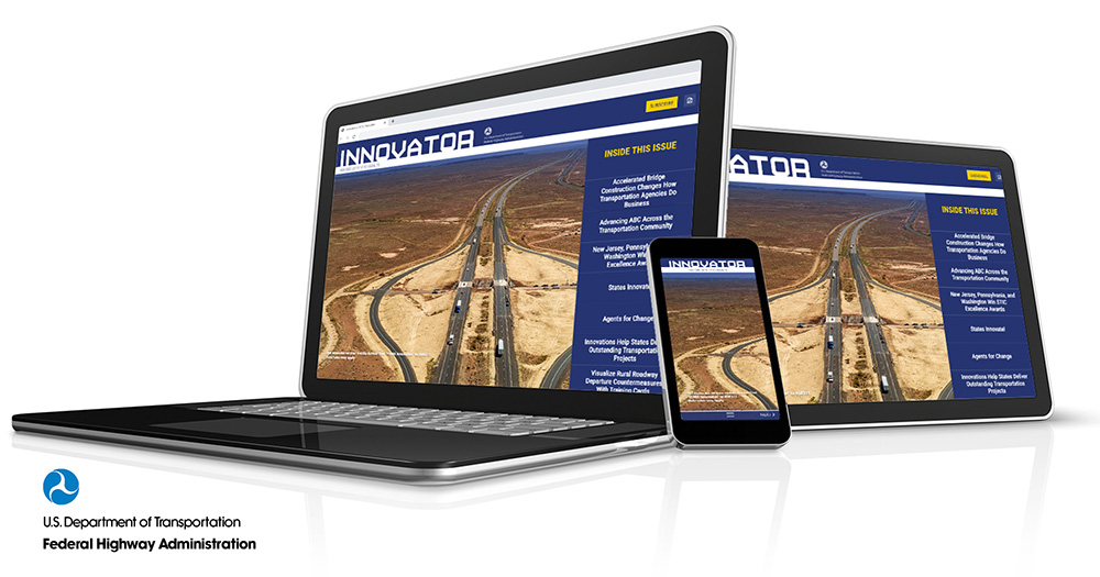 A laptop computer, a tablet, and a cell phone - all displaying the latest Innovator issue.