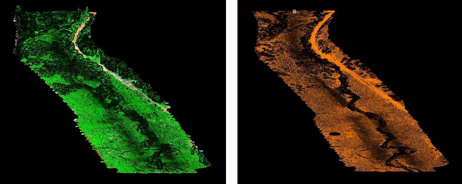 Side-by-side visualization of point clouds collected by UAS- one that includes the area including vegetation, and a second of the same area, where the vegetation has been removed, showing topography only.