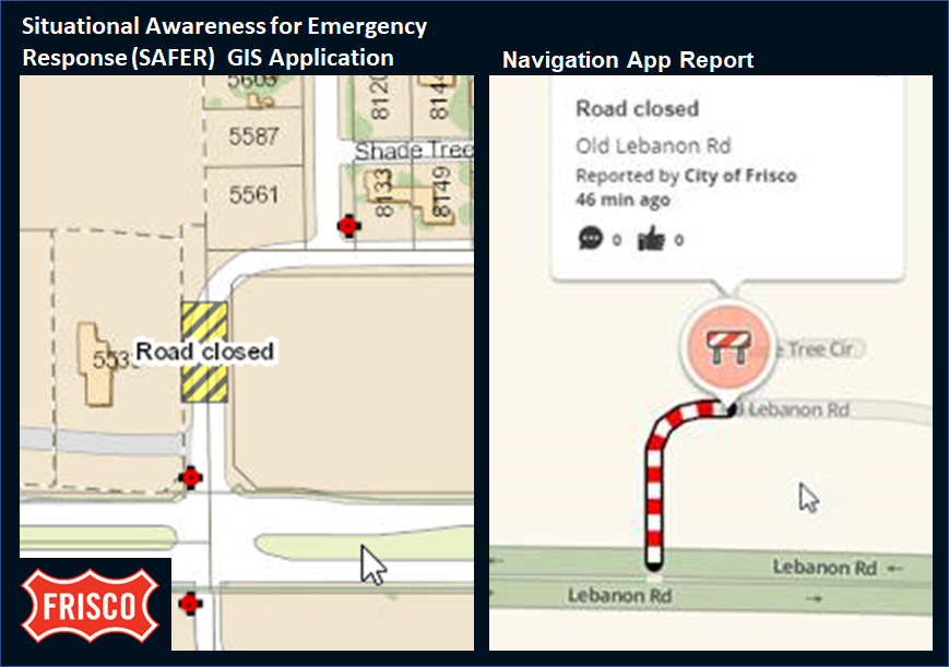 Screen captures of a road closure alert shown in the SAFER GIS application (at left) and in a navigation app (at right).