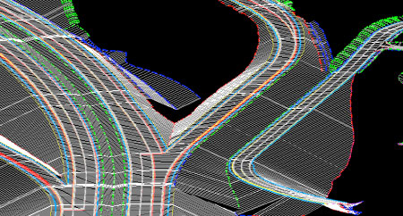 3D image of highway interchange shows gore area, ramps and drainage ditches in detail