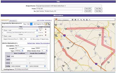 A screenshot from the South Carolina DOT's Project Screening Tool shows the tool's ability to provide information on project alternatives.