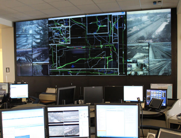 Wisconsin’s Statewide Traffic Operations Center in Milwaukee features a video wall with a congestion map.