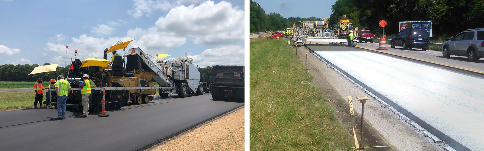 Photo on left of asphalt paving jobsite. Photo on right of concrete paving jobsite.