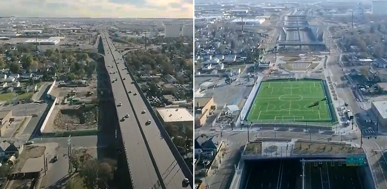 Before and after photograph of the Central 70 project. The before picture shows an aging viaduct. The after phot shows its replacement of a 4-acre park.