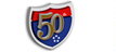 Logo of the 50th anniversary is a shield.  The  number '50th' is bisected by red and blue backgrounds.