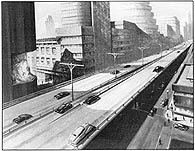 Illustration shows automobiles on an elevated roadway within a modern city.