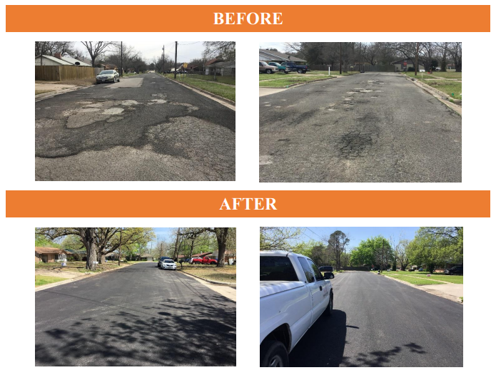 An example of Type D asphalt overlay before and after in the City of Sulphur Springs via the Street Improvement Fund Report.