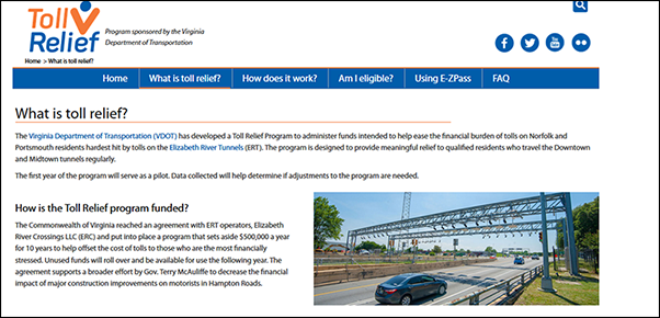Toll relief sample web page
