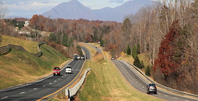 Divided road scene during fall