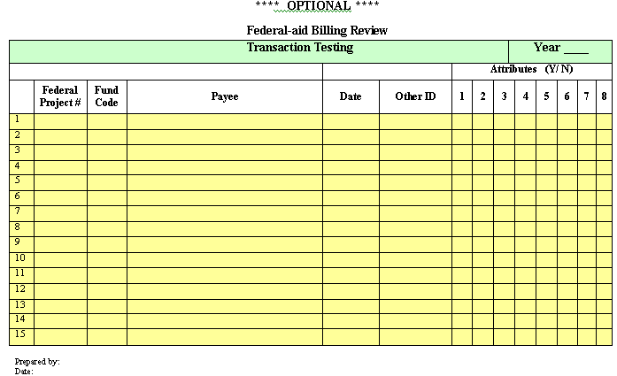 Blank optional table: Federal aid Billing Review for transactional testing.