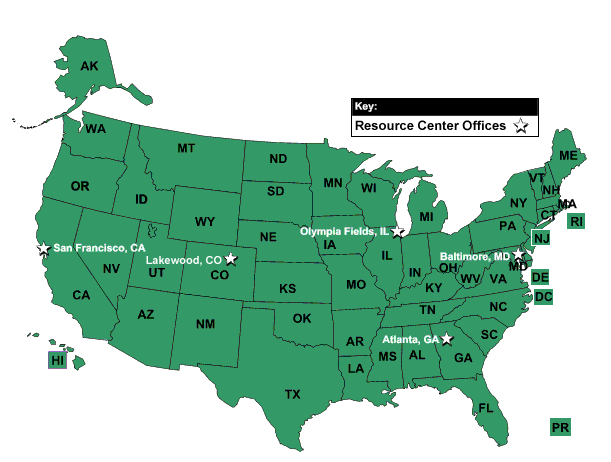 Map of the United States showing the state outlines and the FHWA Resource Center offices five locations: Atlanta, Georgia; Baltimore, Maryland; Lakewood, Colorado; Olympia Fields, Illinois; and San Francisco, California.
