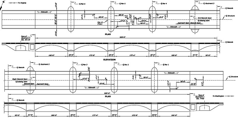 The image shows four views of the Arlington Memorial Bridge taken from the plans of the Arlington Memorial Bridge. The first image is the top-most image, and it depicts a plan view of the bridge, which is the view one would see from the sky looking down at the bridge. This first image only shows the five spans from the Virginia end of the bridge, and half of the bascule span to the centerline of the bascule span. It calls out with dimensions lines two thirty-foot lanes and two 17.0-ft sidewalks. It also shows the location of one concrete core (Core #5) taken from the deck of the span between Pier 6 and Pier 5; core #5 is located 69 feet from the expansion joint at Pier 5, and 10-ft-3-in south of the traffic-side of the north sidewalk. Four cores have been taken from the concrete deck of the approach span between Pier 5 and Pier 4. The first core in that span is core #12 and is located 68 feet-6-inches from the expansion joint at Pier 5 and 6-ft-5-inches north of the centerline of the bridge deck. The second core in that span is core #6 and is located in the south sidewalk, 17-ft-2-inches from the expansion joint at Pier 5 and 5-ft-3-in south of the traffic-side of the south sidewalk. The third core in that span is core #10, and is located 62-ft-5-inches from the expansion joint at Pier 4 and 3-ft-10-inches north of the centerline of the bridge deck. The fourth core in that span is core #11, and is located 53 feet from the expansion joint at Pier 4 and 4-ft-10-inches south of the traffic-side of the north sidewalk. One concrete core, core #4, was taken from the deck of the span between Pier 4 and Abutment 3; it is located 6-ft-3-in from the expansion joint at Pier 4 and 2-ft-9-inches south of the traffic-side of the north sidewalk.

The second image is below the first image; it is an elevation view of the bridge (view from the side of the bridge), displaying five spans from the Virginia end of the bridge and half of the bascule span. The location of the east face of Abutment 4 is at Station 26+18. The distance from the east face of Abutment 4 on the Virginia end of the bridge to the centerline of the bascule span is 929 feet. Pier 6 is 32-ft wide. Pier 5 is 33-ft wide. Pier 4 is 35-ft wide and Abutment 3 nearest the bascule span is 41-ft wide. The span length of the approach span closest to the Virginia end of the bridge between Abutment 4 and Pier 6 is 66 feet. The span length of the approach span between Pier 6 and Pier 5 is 72-feet-8 inches. The span length of the approach span between Pier 5 and Pier 4 is 177-feet-4 inches. The span length of the approach span closest to the bascule span between Pier 4 and Abutment 3 is 180 feet. The distance from Abutment 3 to the centerline of the bascule span is 92 feet.

The third image is below the second image and it depicts a plane view of the bridge, which is the view one would see from the sky looking down at the bridge. This third image only shows the five spans from the Washington, DC end of the bridge, and half of the bascule span to the centerline of the bascule span. Three cores have been taken from the deck of the span between Pier 3 and Pier 2. The first core in that span is core number 3 and is from the north sidewalk; it is located 17 feet from the expansion joint at Pier 3 and 2-feet-6-inches from the water-side of the sidewalk. The second core in that span is core number 2, and is located 17-feet from the expansion joint at Pier 3 and 3 to 6-inches from the traffic-side of the north sidewalk. The third core in that span is core number 9. It is located 23-feet-8-icnhes from the expansion joint at Pier 2 and 4-feet-1-inch north of the centerline of the bridge deck. There is one core, core number 1, taken from the deck of the span between Pier 2 and Pier 1. It is located 59-feet from the expansion joint at Pier 1 and 3-feet-6-inches south of the traffic-side of the north sidewalk. There is one core, core number 7, taken from the south sidewalk of the span between Pier 1 and Abutment 1. It is located 69-feet-8-inches from west face of Abutment 1 and 12-feet-2-inches north of the water-side of the south sidewalk. The last core is core #8, and it is from the deck of the approach span at the Washington, DC end of the bridge. The core is located 31-feet-8-inches from the west face of Abutment 1 and 4-feet-7-inches north of the centerline of the bridge deck.

The fourth image is below the third image; it is an elevation view of the bridge (view from the side of the bridge), displaying five spans from the Washington, DC end of the bridge and half of the bascule span. The distance from the west face of Abutment 1 on the Washington, DC end of the bridge to the centerline of the bascule span is 929 feet. Abutment 2 is at the east end of the bascule span and is 41-feet wide. Pier 3 is 35-feet wide. Pier 2 is 33-feet wide, and Pier 1 is 32-feet wide. The span length of the approach span between Abutment 2 and Pier 3 is 180 feet. The span length of the approach span between Pier 3 and Pier 2 is 177-feet-4-inches. The span length of the approach span between Pier 2 and Pier 1 is 172-feet-8-inches. The span length of the approach span between Pier 1 and Abutment 1 is 166 feet. The location of the west face of Abutment 1 is at Station 7+60.