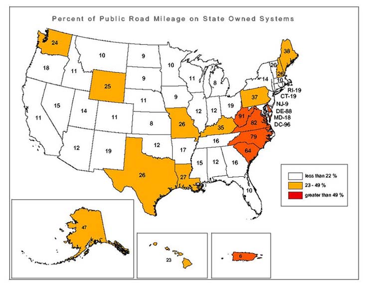 U.S. Map illustrating the percent of public road mileage on State Owned Systems