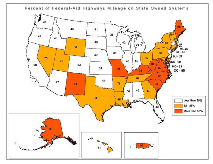 U.S. Map illustrating the percent of mileage on State Owned Systems
