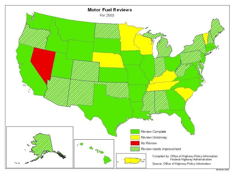 U.S. map showing Motor Fuel Review status: Review complete = 25 States, Review Undersay = 8 States, No Review 1 State, and Review needs improvement = 16 States. Click for enlarged image