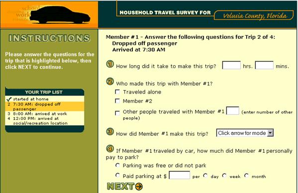 Page capture asking how long trip took, who made the trip with Member #1, mode of trip, and pay to park question