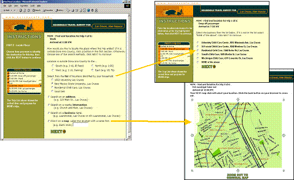 Screen capture that asks for address, intersection, business name, for work, and selection of map for geocoding example.