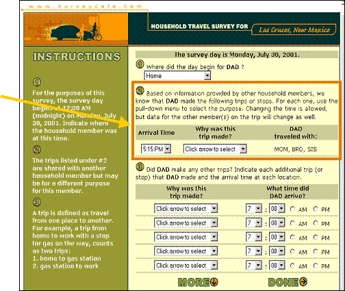 Screen asking who traveled with primary trip generator, purpose of trip, time of trip, and other trips by primary member.