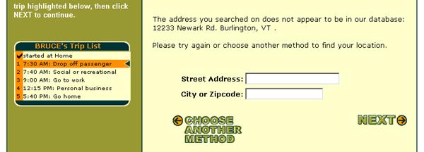 Screen capture illustrating the address searched was not in database, and asks for user to type again.
