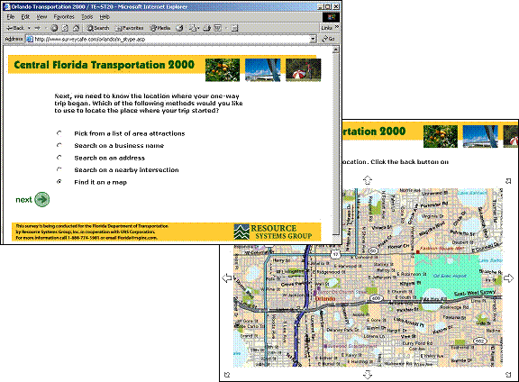 Sampe of Central Florida Transportation 2000 survey, showing options for one-way trips, by picking from list, searching on business name, search on address, search on nearby intersection, or finding on map where map pops up.