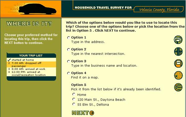 Page capture showing options for location trip: Option 1 by address, Option 2 by nearest intersection, Option 3 by Business name and location, Option 4 for map, and Option 5 Pick from list identified by software