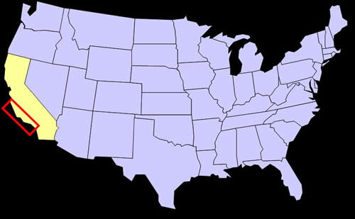 Figure A1.F2. Illustration. Map of First ASR Report. This illustration shows a map of the U.S.A. with California highlighted in yellow and a red box around the Los Angeles and Monterey Counties.