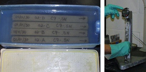 Figure A3.F2. Figure. ASTM C1260 Testing. This figure includes two photos of 1260 testing. The first photo shows the mortar specimens placed submerged in NaOH solution within a blue storage container. The second photo shows a mortar bar specimen's length being measured.
