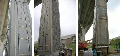 Figure A4b.F5. Photos. Electrochemical lithium treatment process. There are three photos of columns in Houston, Texas, that were selected for electrochemical treatment. The photo on the left shows irrigation tubes, wood splices, and metal strips placed on the column. The metal strips are attached to titanium mesh that runs inside holes drilled into the sides of the column. The photo in the middle shows a cellulose layer being applied to the side of a column. The photo on the right shows plastic sheeting placed on all sides of the column. The gutters attached under the sheeting collect excess lithium for reuse.