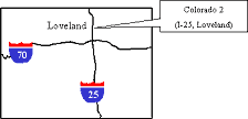 Location of CO 2 project. Outline map shows the Colorado 2 project at Loveland on I-25, north of its intersection with I-70, in the north-central part of the State.
