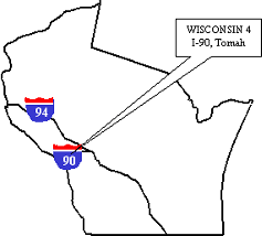 Location of WI 4 project. An outline map of Wisconsin shows the WI 4 project in Tomah on I-90 near its intersection with I-94, close to the State’s western border.