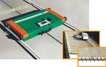 Closeup view of MIT Scan-2. Three illustrations are shown together. The largest is the MIT Scan-2 sitting on its dual tracks and centered over the joint. A smaller illustration shows a closeup of an open highway joint with dowel bars protruding, and a third shows a more distant cross section of a highway joint as cars and trucks are traveling on the highway with an open joint and protruding dowel bars shown.