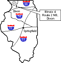 Location of IL 4 project. The outline map shows Illinois project 4 on Route 2 northbound in Dixon. The location is just north of the intersection of Route 2 and I-88 in northwestern Illinois. The map also shows I-55, I-72, and I-74 in the central and southern parts of the State.